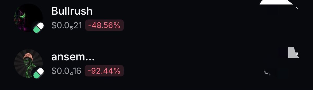 A dark-themed price tracker shows two cryptocurrencies, "Bullrush" at $0.0521 (-48.56%) and "ansem..." at $0.0416 (-92.44%), illustrating dramatic losses in the memecoin/NFT space as referenced by the caption "memecoin and nft yikes…"