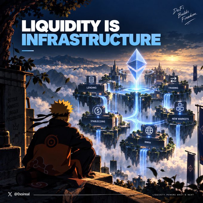 An anime-style illustration with the bold text 'LIQUIDITY IS INFRASTRUCTURE' and 'DeFi Builds Freedom,' showing a ninja character overlooking floating islands connected by waterfalls labeled 'LENDING,' 'TRADING,' 'STABLECOINS,' 'RWAS,' and 'NEW MARKETS,' credited to '@0xsireal' with the tagline 'LIQUIDITY POWERS WHAT'S NEXT.'