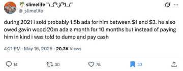 A message from a user named Charles Hoskinson reads: "During 2021 sold probably 1.5 ada for him between $1 and $3 he also owed Gavin wood 20mada a month for 10 months but instead of paying him in kind was told to dump and pay cash."
