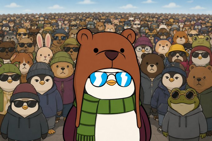 A penguin wearing sunglasses and a green scarf stands among a massive crowd of fashionable, hat-and-sunglass-wearing animals, embracing the "just another day in the life" vibe.

The post's sentiment of finding beauty in ordinary life as a penguin is reflected in the image's whimsical scene, where the stylish penguin blends into a sea of equally cool-looking creatures, suggesting that everyday moments can be both stylish and serene.