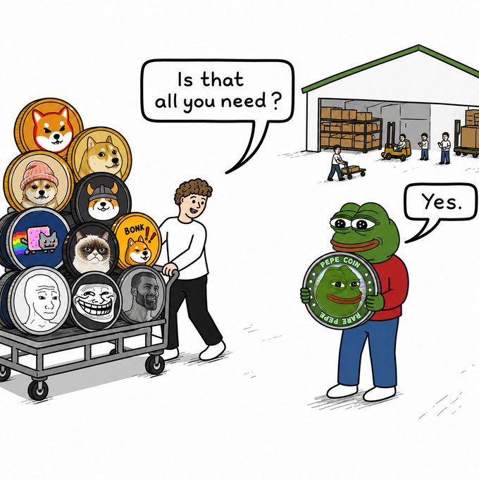 A cartoon depicting a person pushing a cart of various meme coins asking 'Is that all you need?' while a figure at a warehouse holding a 'PEPE COIN - RARE PEPE' simply replies 'Yes.'