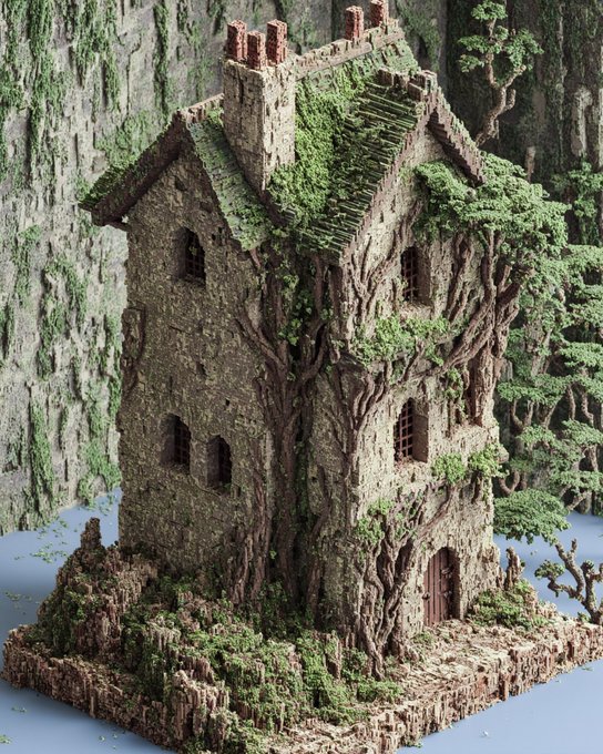 A miniature voxel-style sculpture of an ivy-covered stone tower nestled in a forest, created as part of a limited 50-piece collection, now displayed in its new owner's collection. The intricate pixelated build features mossy walls, winding vines, and a detailed woodland base, perfectly matching the "tiny spot" caption.