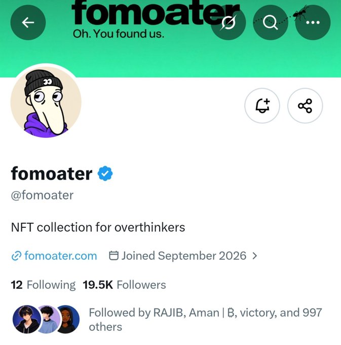 A Twitter/X profile page for 'fomoater' with handle @fomoater, described as 'NFT collection for overthinkers', showing 12 Following and 19.5K Followers, joined September 2026, with a Pepe-style cartoon avatar wearing a purple hoodie and black beanie.