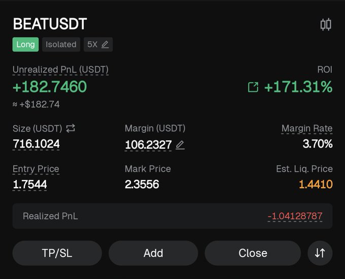 A cryptocurrency trading interface shows a long position on BEATUSDT with 5X leverage, featuring an unrealized profit of +182.7460 USDT and a +171.31% ROI on a position size of 716.1024 USDT, with the entry price at 1.7544 and mark price at 2.3556. The image humorously visualizes the poster's intent to "beat" the bear market through a highly leveraged long position that's currently performing exceptionally well, with the ticker symbol "BEAT" cleverly aligning with their bullish sentiment.