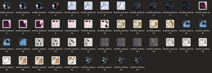 A dark screen displaying numerous pixel art sprite sheets and tile sets, with file names like 'level16_state1.png' and 'level42_state1.png' labeled beneath each group.