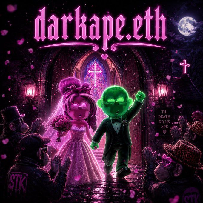 Digital artwork with 'darkape.eth' text showing a green glowing ape in a tuxedo walking with a pink bride through a gothic chapel, surrounded by monkey onlookers and a 'TIL DEATH DO US APE' sign.
