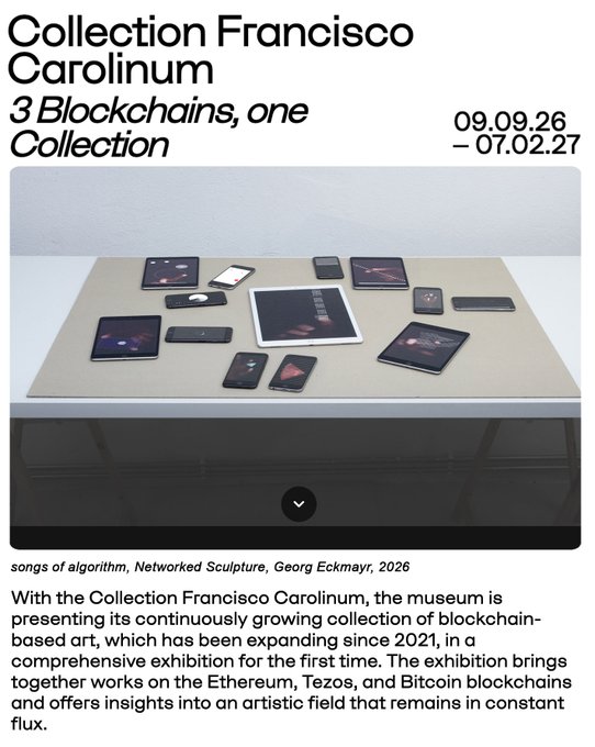 A museum exhibition poster for 'Collection Francisco Carolinum: 3 Blockchains, one Collection' running 09.09.26–07.02.27, showing a table displaying tablets and phones and describing an exhibition of blockchain-based art across Ethereum, Tezos, and Bitcoin.