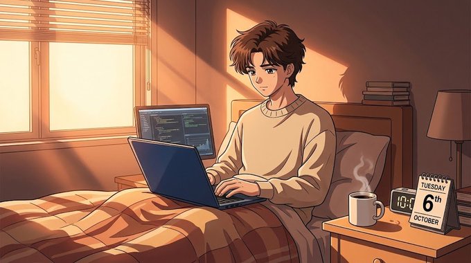 An anime-style illustration shows a young man working on a laptop in a sunlit bedroom, with a digital clock displaying '10:10' and a calendar showing 'TUESDAY 6th OCTOBER' on the nightstand.