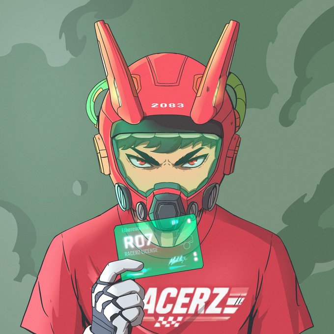 An animated character wearing a red mecha-style helmet marked "2083" and an "ACERZ" t-shirt holds up a holographic "ROY TRACERZ LICENSE" card, symbolizing an official invitation to join the Racerz community. The futuristic, competitive aesthetic visually reinforces the post's call to enter District 01 and begin the journey alongside fellow racers.