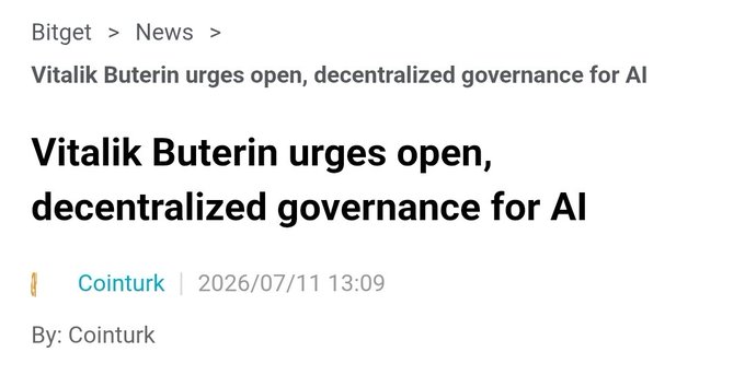 A news headline from Bitget dated 2026/07/11 by Cointurk reads "Vitalik Buterin urges open, decentralized governance for AI," aligning with the post's argument that Bittensor ($TAO) is already building the decentralized AI future Vitalik is advocating for.