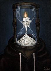 A fantasy-style painting of an hourglass glowing from within, containing swirling sand or magic in its lower bulb, set against a dark background.