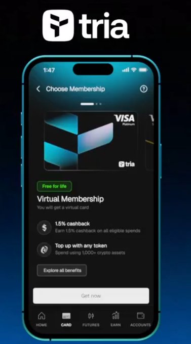 The image shows a cell phone screen displaying an app called "TRIA" with a virtual membership feature. The app has a blue background and white text that reads "Choose Membership", indicating that users can select whether they want a virtual or traditional membership. The app also provides information about how to use the virtual card, including details on how to load tokens and what happens when the token is used for transactions.