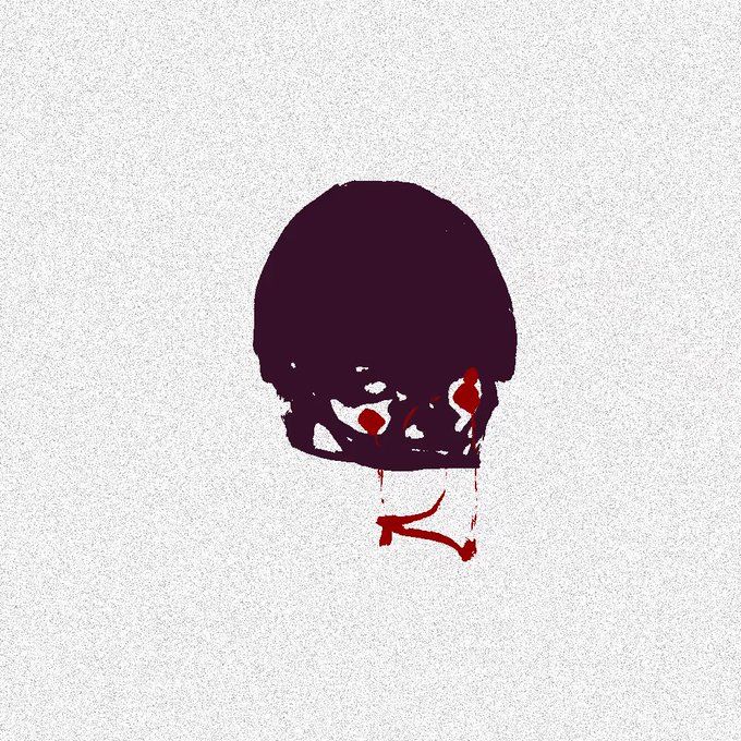 A minimalist artwork showing a dark purple silhouette of a skull with red detailing around the eye sockets and dripping from the mouth area, set against a grainy white background.