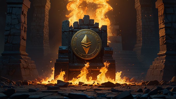 A dramatic digital artwork showing a stone monument with an Ethereum logo emblem, engulfed in flames and set within ancient ruins.