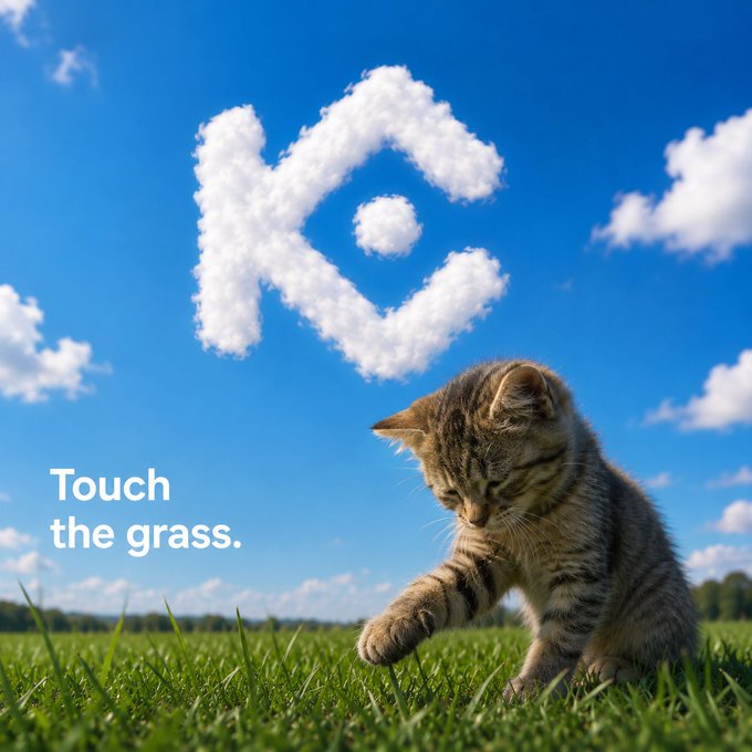 A tabby kitten reaches out to touch green grass under a bright blue sky featuring a cloud-shaped logo, with the text "Touch the grass." displayed on the left. The image playfully captures a moment of mindful presence, echoing the post's reminder to "charts can wait" by encouraging a step away from screens to engage with the simple, tangible world.