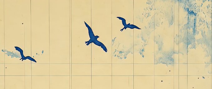 Three dark blue bird silhouettes appear to be flying across a cream-colored tiled wall, with faint blue painted splashes resembling water.