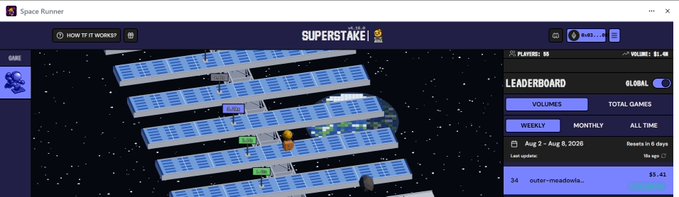 A screenshot of a 'Space Runner' game with 'SUPERSTAKE' branding, showing a space station setting with solar panels and a leaderboard on the right side.