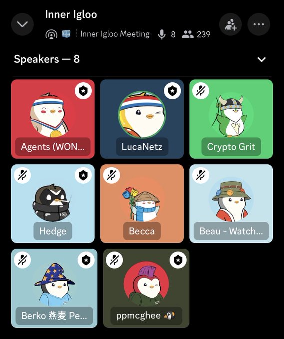 A screenshot of a 'Inner Igloo' voice chat on X/Twitter called 'Inner Igloo Meeting' with 8 speakers visible using penguin-themed profile pictures.