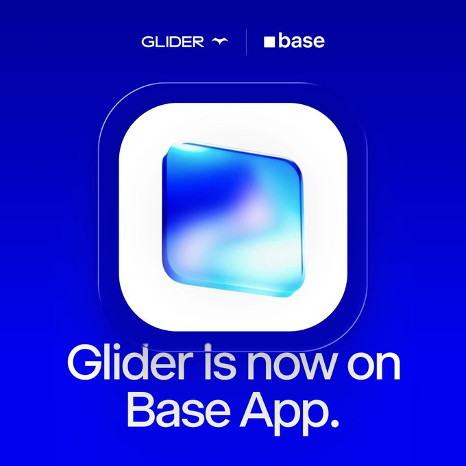 The image features a square app icon with a blue background and a white border. The app's name "Glider" is written in white text below the icon. Below this, there are two lines of white text that read "Welcome to the @baseapp @glider". This suggests that the app is now available for download on the base app platform.