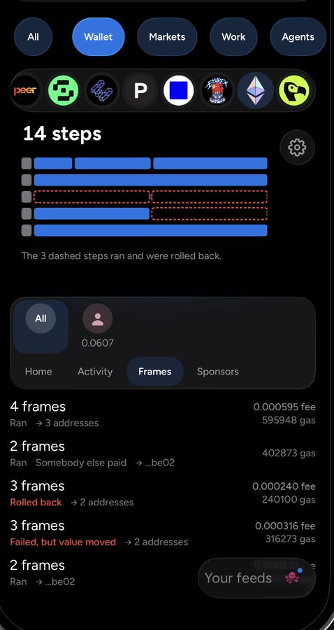 A mobile app screenshot showing a cryptocurrency transaction interface with 14 steps (3 rolled back) under the "Wallet" tab, displaying various crypto icons including Bitcoin.