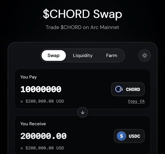 A '$CHORD Swap' interface for trading $CHORD on Arc Mainnet, showing a swap of 10,000,000 CHORD (~$200,000) for 200,000.00 USDC.