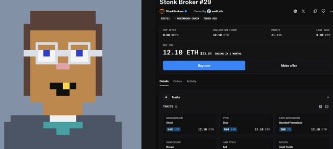 A pixel-art NFT character called "Stonk Broker #29" is listed on OpenSea for 12.10 ETH (~equivalent to ~32,670,000 won based on the post), featuring traits like Steel background, Blue eyes, and Gold Tooth. The post describes the creator's astonishment at the NFT's massive price appreciation from an initial 50,000 won investment, humorously lamenting missed gains that could have reached 320 million won with earlier bulk purchases.