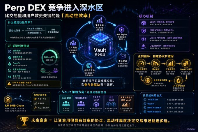This infographic analyzes the Perp DEX market's evolution into "deep waters," arguing that liquidity efficiency—measured by trading volume per dollar of liquidity (20%-40% concentrated liquidity) and key LP metrics like Fee APY (20%-40% for sustained returns) and funding rates—now outweighs raw volume and user counts. It highlights "Vault" as the core mechanism driving efficiency through Delta, Risk Engine, Oracle/Pricing, and Liquidation functions, creating a positive feedback loop between protocol profit, trader returns, and LPs, ultimately defining future winners as protocols that use capital most efficiently.