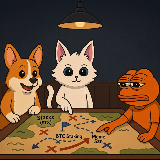 A cartoon illustration of a Shiba Inu dog, white cat, and orange character planning around a map showing 'Stacks (STX)', 'BTC Staking', and 'Meme Szn' with arrows and X marks.