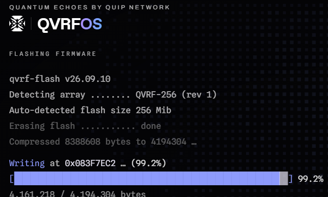 A terminal screen displaying firmware flashing progress for 'QVRFOS v26.09.10' on a 'QVR-256 (rev 1)' array, showing 99.2% completion.