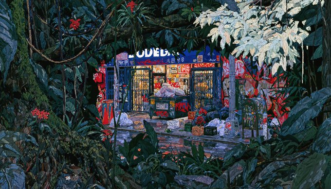 A lush jungle encroaches upon a neon-lit "BODEGA," with graffiti-covered walls and overflowing trash bins, reflecting the post's theme of hidden knowledge and ancestral mirrors looking into an imagined future.