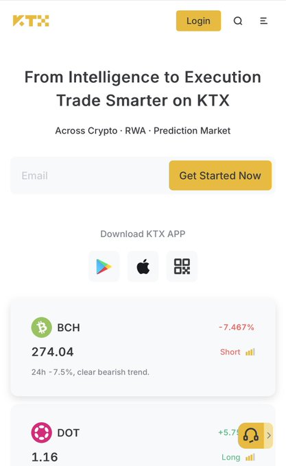 A mobile website screenshot for "KTX" with the headline "From Intelligence to Execution - Trade Smarter on KTX," displaying cryptocurrency prices including BCH at 274.04 (-7.467%) and DOT at 1.16.