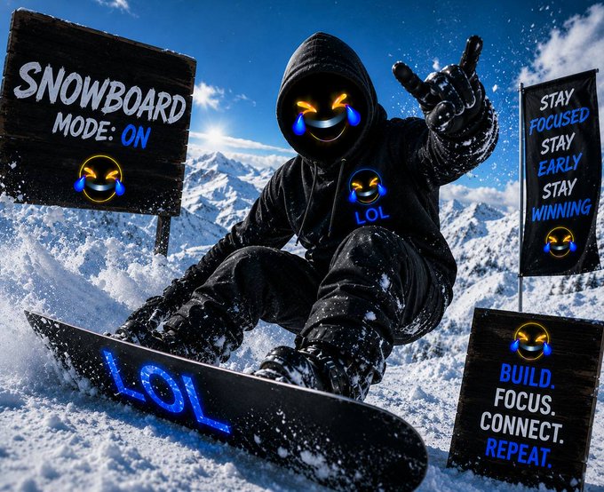 A snowboarder in dark gear with a 'LOL' logo rides through snow, surrounded by signs reading 'SNOWBOARD MODE: ON', 'STAY FOCUSED STAY EARLY STAY WINNING', and 'BUILD. FOCUS. CONNECT. REPEAT.'