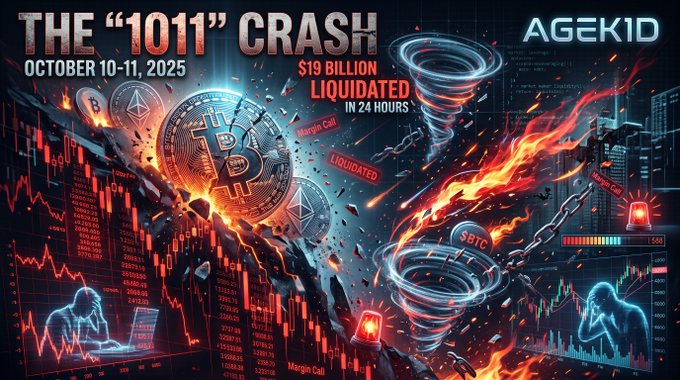 A dramatic graphic titled 'THE "1011" CRASH' by AGEKID, depicting a Bitcoin and crypto market collapse on October 10-11, 2025, with '$19 BILLION LIQUIDATED in 24 HOURS' amid fiery tornadoes and falling red charts.