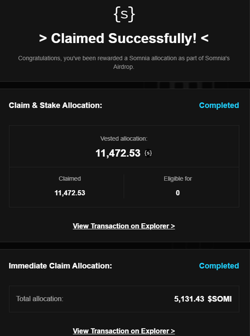 Dark-themed interface confirming 'Claimed Successfully!' for a Somnia Airdrop, displaying a vested allocation of 11,472.53 and an immediate claim allocation of 5,131.43 $SOMI.