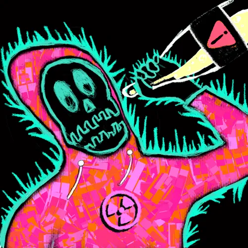 A neon-colored illustration showing a pink creature with a skull face and radiation symbol, being approached by what appears to be a missile or projectile against a black background.