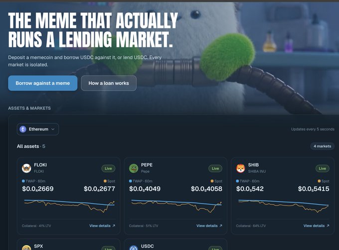 A promotional webpage for "loanmeme" displays a fluffy white creature holding a green tennis ball-shaped mic under the headline "THE MEME THAT ACTUALLY RUNS A LENDING MARKET," showing an Ethereum lending dashboard with 4 live markets for meme tokens FLOKI ($0.002679), PEPE ($0.004098), SHIB ($0.005421), and SPX, supporting the post's claim about borrowing stablecoins using meme coin collateral.