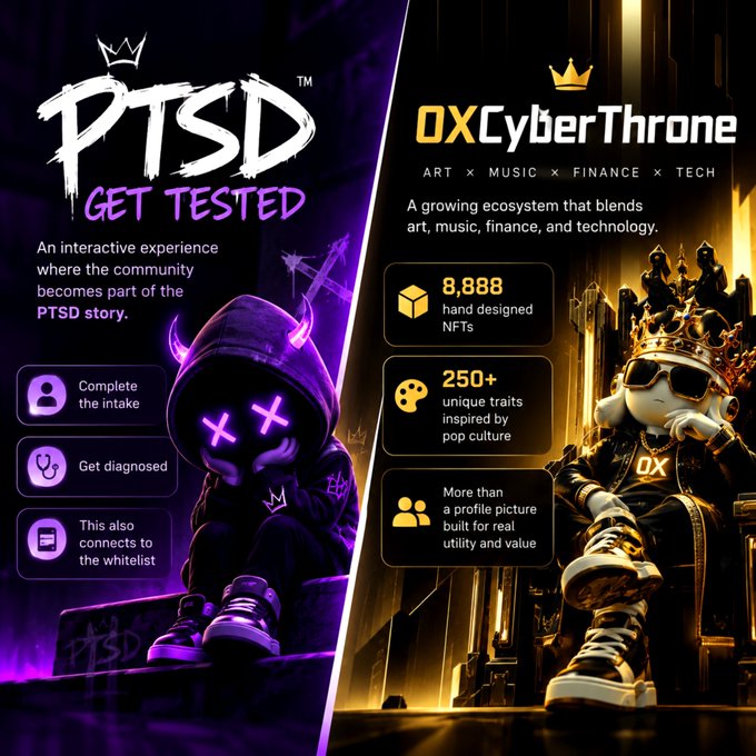 A promotional graphic for 'PTSD GET TESTED' and 'OX Cyber Throne' NFT projects, featuring 8,888 hand-designed NFTs and 250+ unique traits, with stylized character artwork in purple and gold.