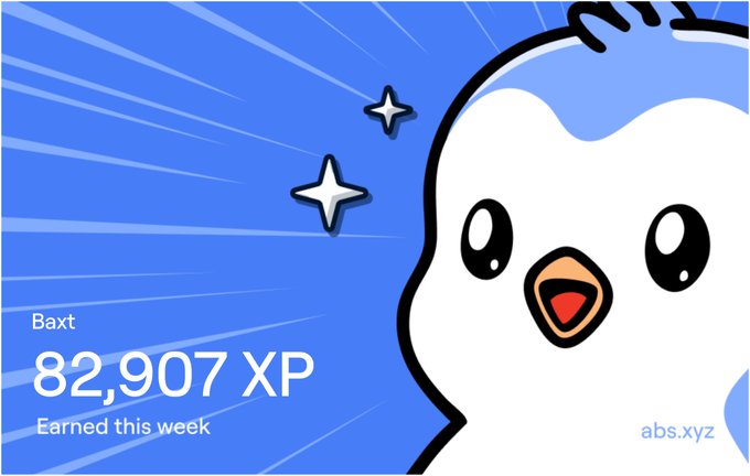 Abstract achievement card featuring a cartoon blue and white penguin character, showing user 'Baxt' with 82,907 XP earned this week on abs.xyz.