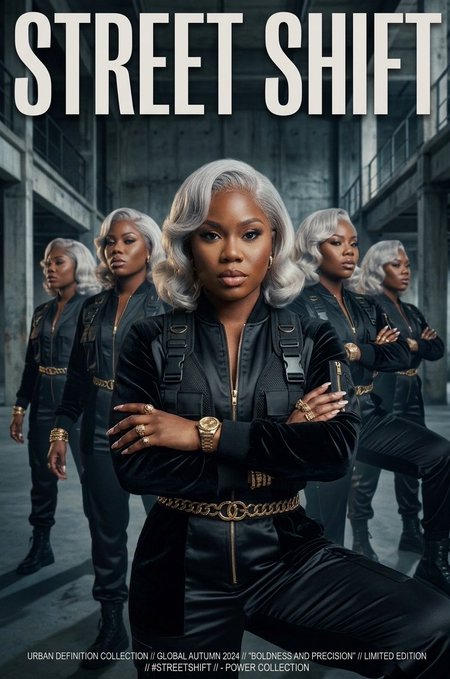 The image features a group of five women posing for a picture, all dressed in black outfits that include jumpsuits or suits. They are standing close together, giving off an impression of unity and camaraderie among them. The background appears to be a room with concrete walls, which adds to the overall theme of their attire. One woman is wearing a gold watch on her wrist, adding a touch of elegance to her outfit. The image also includes text that reads "Street Shift" and "Banter Intellectus", possibly indicating the title or theme of the photo shoot.