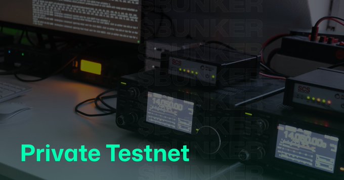 A dark image showing electronic equipment or networking hardware with indicator lights, overlaid with the text 'Private Testnet' in bright cyan and repeated 'SBUNKER' watermarks.