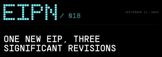 A dark digital banner with retro pixel-style teal lettering reads 'EIPM, 018' in the top left, 'SEPTEMBER 14, 2026' in the top right, and 'ONE NEW EIP, THREE SIGNIFICANT REVISIONS' below.
