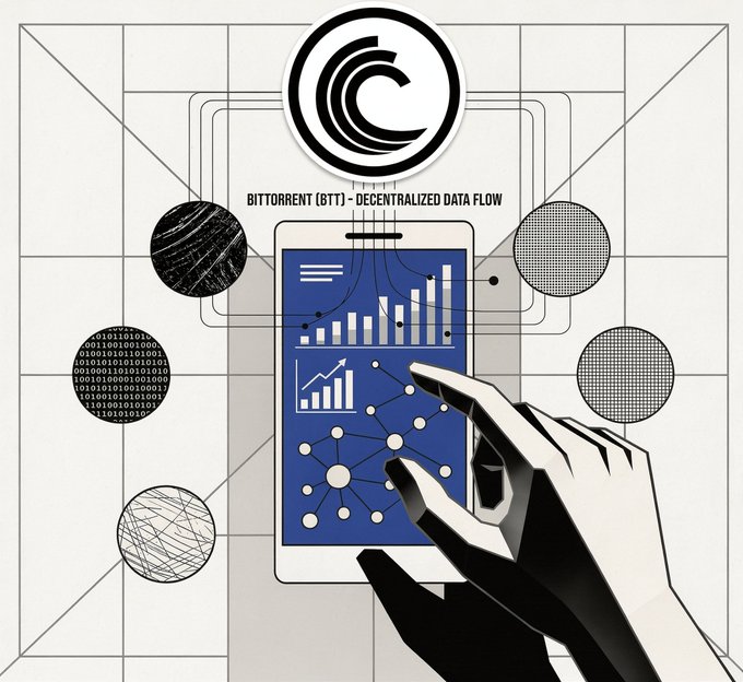 A stylized graphic promoting BitTorrent (BTT) and its "Decentralized Data Flow," featuring a hand interacting with a blue tablet displaying charts and network nodes, surrounded by binary code and abstract data circles, visually reinforcing the post's message about BTTC's cross-chain interoperability and high-speed blockchain bridging across TRON, Ethereum, and BNB Chain.