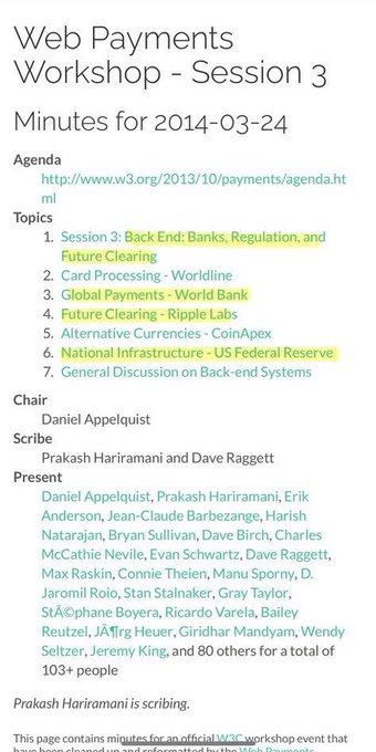 The image shows the agenda page for W3C's "Web Payments Workshop - Session 3" held on March 24, 2014, listing topics including presentations from Worldline, Ripple Labs, CoinApex, and the US Federal Reserve on back-end clearing models and bank regulation. The accompanying post highlights that Ripple Labs and the US Federal Reserve were both official presenters at this W3C workshop discussing the future of bank clearing systems, lending institutional credibility to Ripple's early involvement in payment infrastructure discussions.
