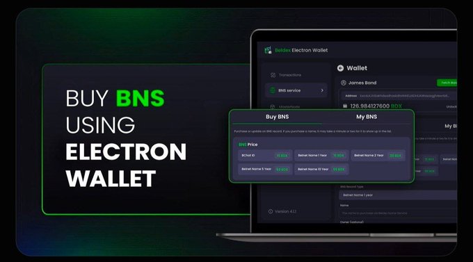 A promotional graphic for Beldex Electron Wallet featuring the text 'BUY BNS USING ELECTRON WALLET' alongside screenshots of the wallet interface showing purchase options for BNS tokens.