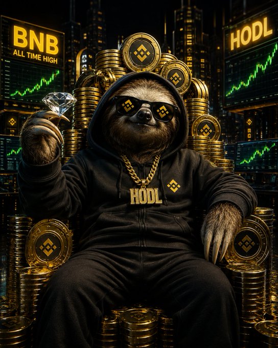 An AI-generated sloth wearing sunglasses and a "HODL" chain sits on a throne of BNB coins, flanked by screens showing "BNB ALL TIME HIGH" and "HODL" with green price charts.