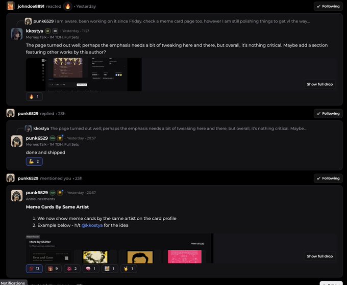 A Discord conversation showing user 'johndoe8891' reacting to messages from 'punk6529' and 'kkostya', discussing 'Meme Cards By Same Artist' and an example called 'Keys and Cows' by 6529er.