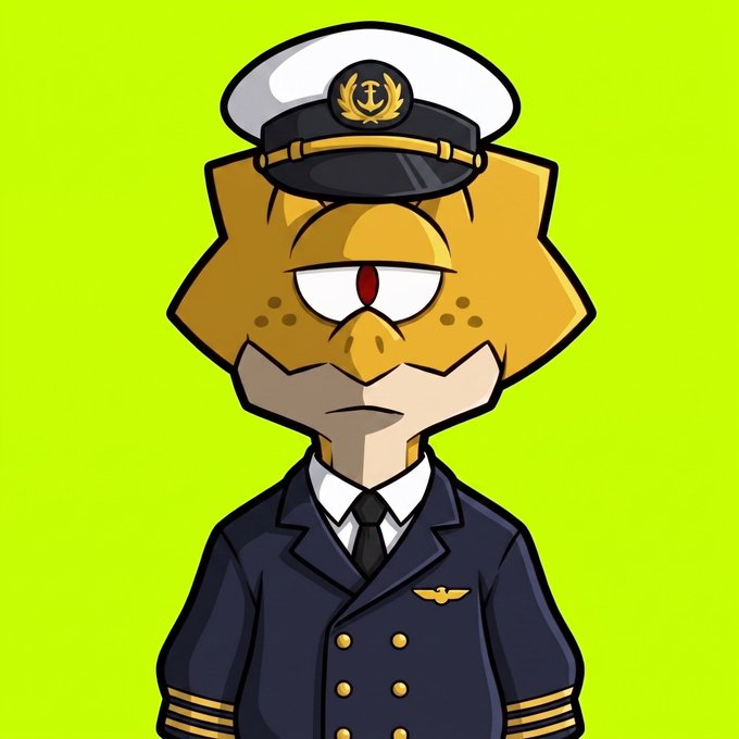 A cartoon one-eyed character dressed as a naval captain with a gold badge featuring an anchor, "pilot wings" insignia on the uniform, and a stern expression stands against a bright green background, serving as a "Cyclops Police" mascot warning about fake NFT collections on OpenSea.