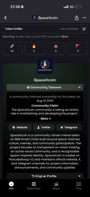 A mobile screenshot of a crypto token information page for 'SpaceXcoin' showing it as a 'Community Takeover' claimed on Aug 12 2026, on BNB Smart Chain.