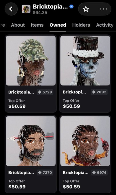 A screenshot of the Brickstopia NFT collection page showing four owned NFTs with varying diamond counts (5729, 2092, 7270, 6974), each with a top offer of $50.59, illustrating the user's holdings of Brickstopians NFTs mentioned in the post.
