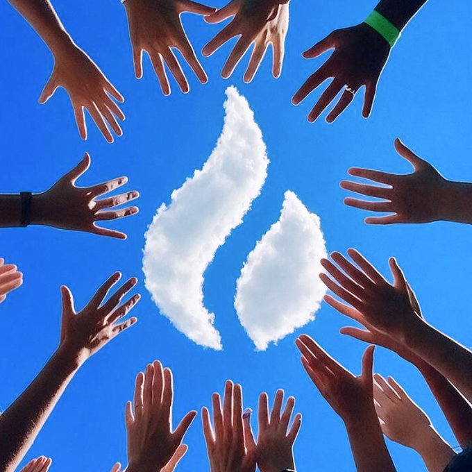 A creative image showing multiple human hands reaching upward toward a blue sky, where a pair of clouds has formed the silhouette of hands clapping.